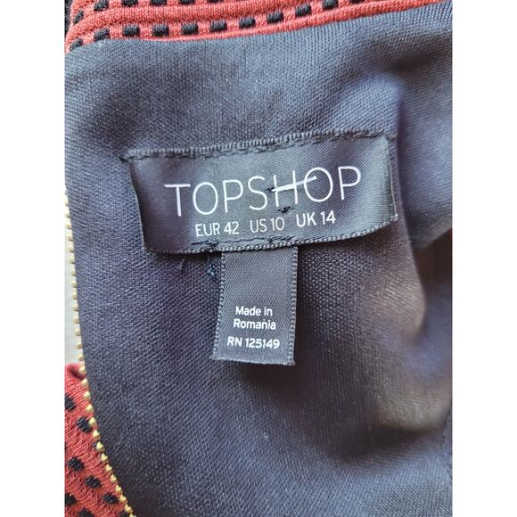 TOPSHOP Red Black Mock Neck Dress Sz 10 Quilted Midi Exposed Zipper Disco Career - Picture 6 of 9